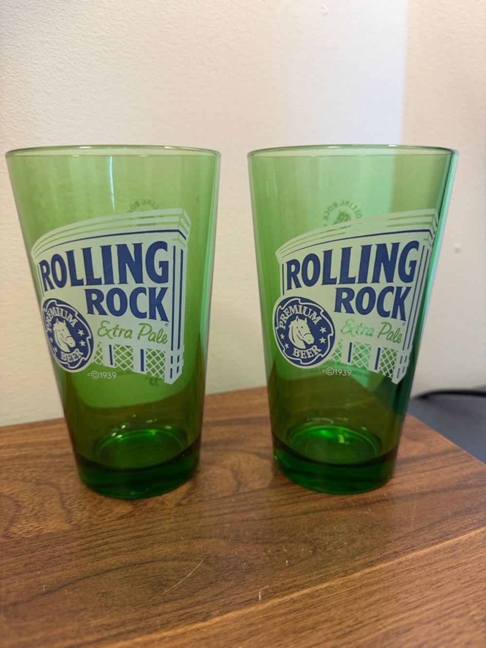 TWO Rolling Rock | Green Pint Glasses